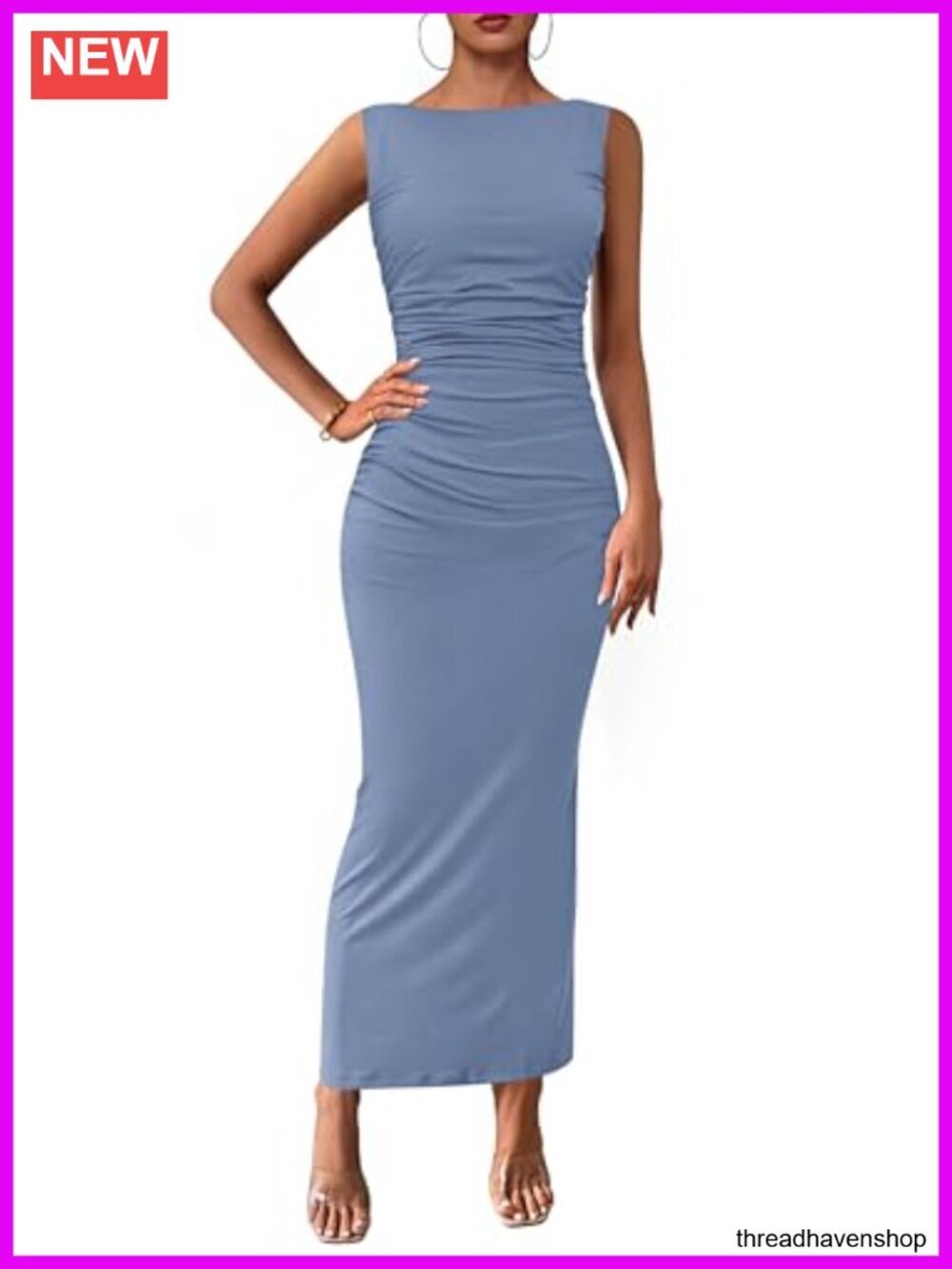 Sleeveless Ruched Bodycon Midi Dress Back Slit Boat Neck